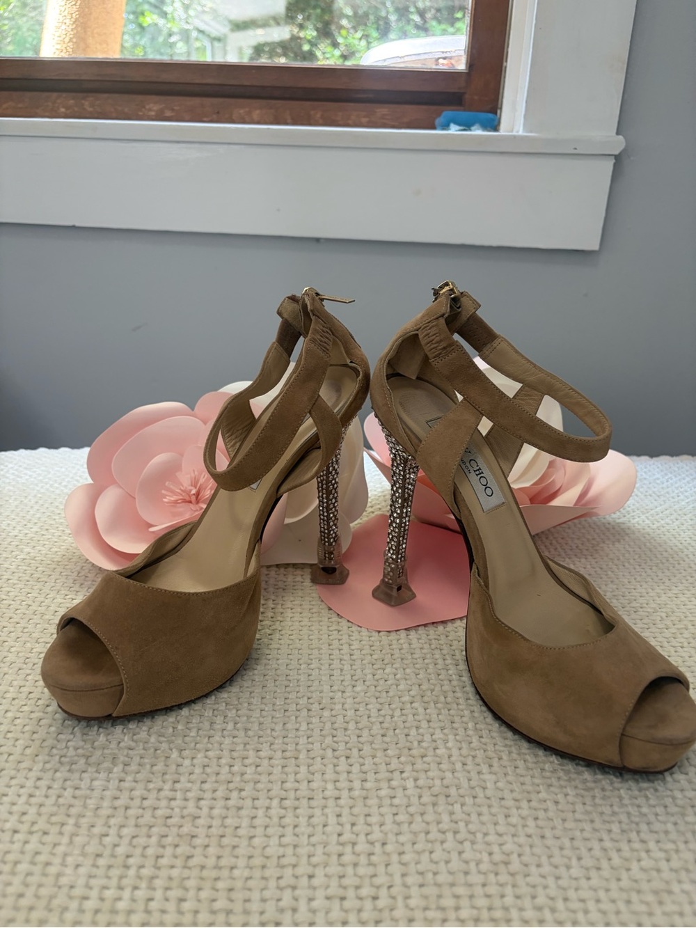 Jimmy Choo Tan Suede Peep-Toe Heels with Rhinestone Stiletto